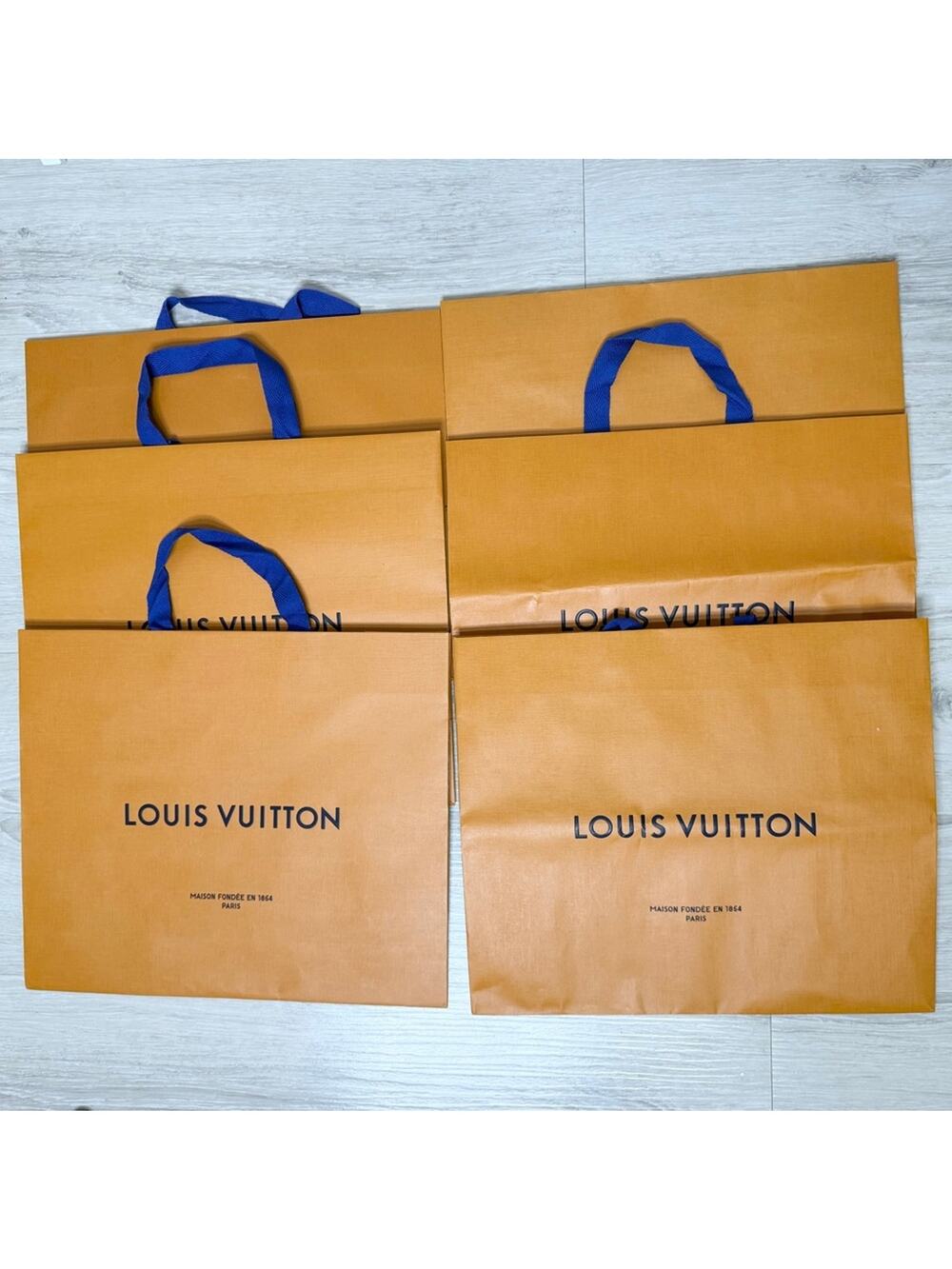Louis Vuitton Orange Empty Shopping Bags with Blue Handles 16” x 13.5” x 5.5”